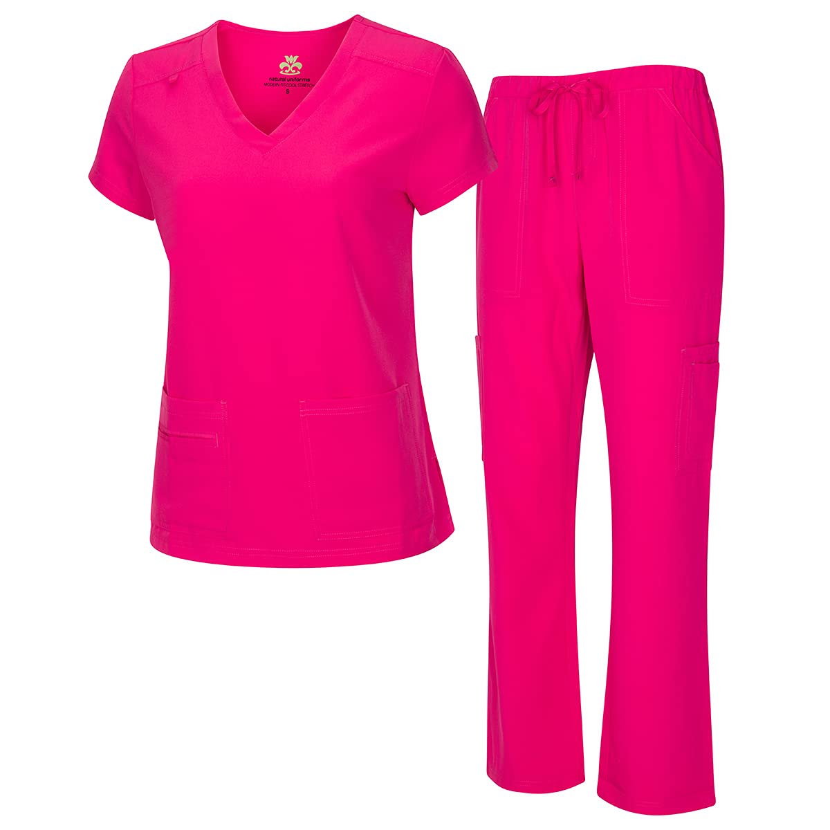 Natural Uniforms Womens cool Stretch V-Neck Top and cargo Pant Set (Hot Pink, Medium)