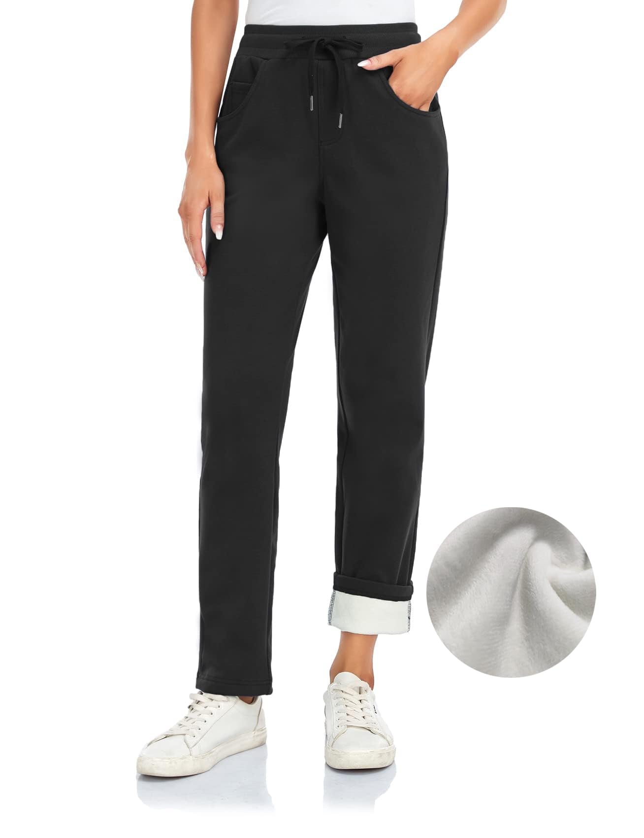 Inno Women's Buttery Soft Fleece Lined Straight Pants Warm Sweatpants Thermal Athletic Lounge, Black, XL, Regular-31 Inseam
