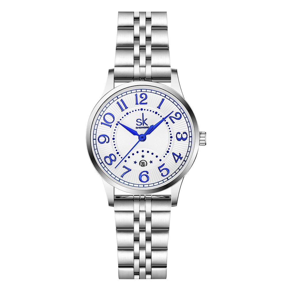 SHENGKE SK Business Classic Women Watch with Calendar Genuine Leather Stainless Steel Band Elegant Ladies Watch (Arabic-Steel)