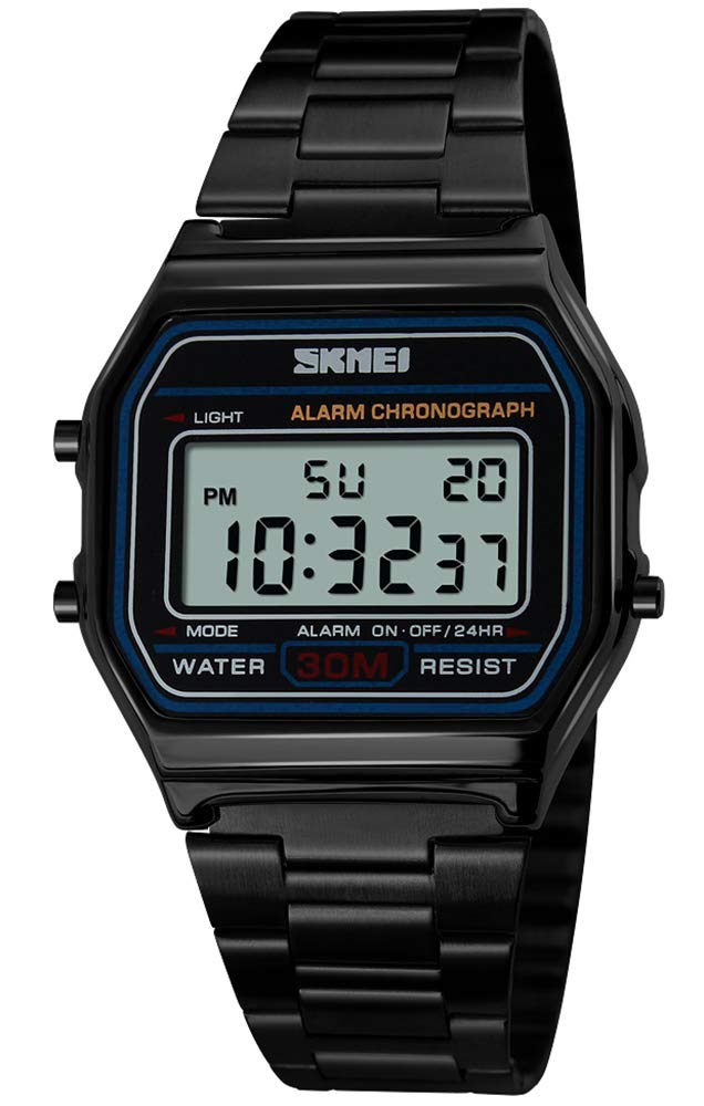 PASOY Unisex Men 's Digital Black Watch Stainless Steel LED Backlit Electronic Multifunction Date Alarm Stopwatch Square Woman '