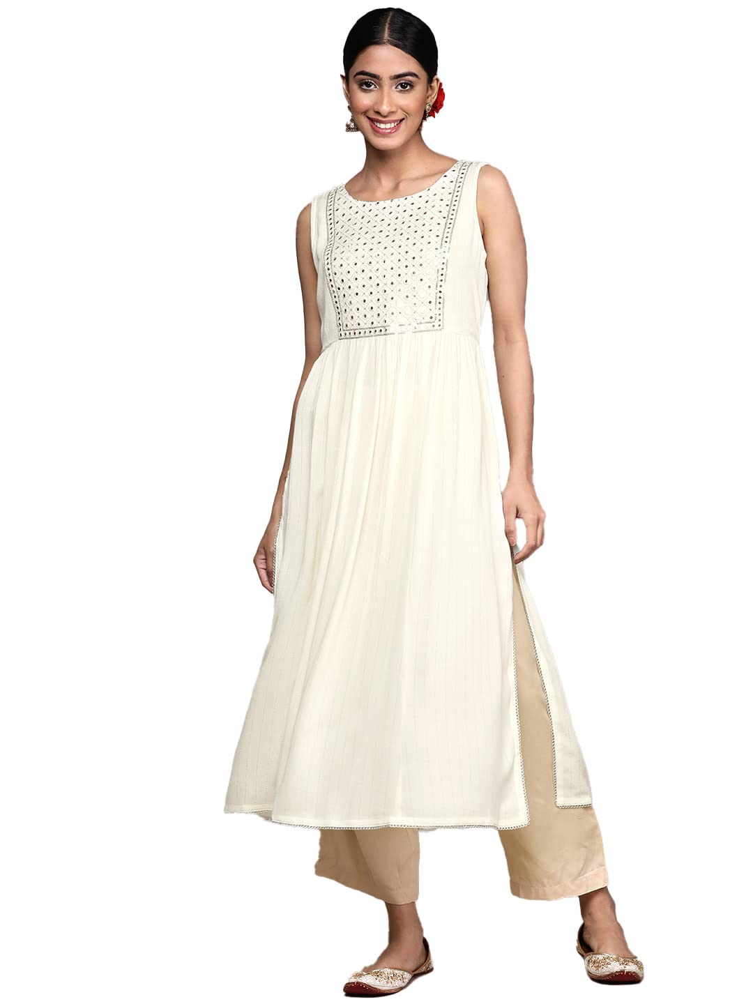 Ishin Women'S Viscose Rayon Embellished Off White Mirror Work A-Line Kurta