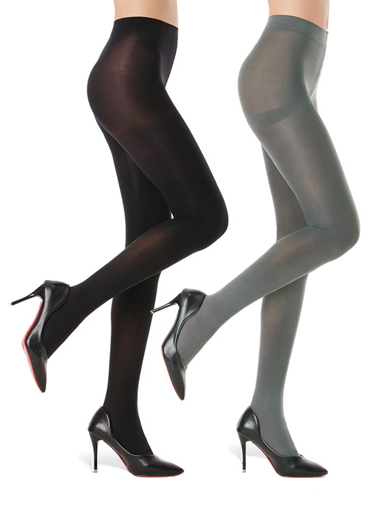 g&Y 2 Pairs Semi Opaque Tights for Women - 70D Microfiber control Top Pantyhose (XL,Black & grey)