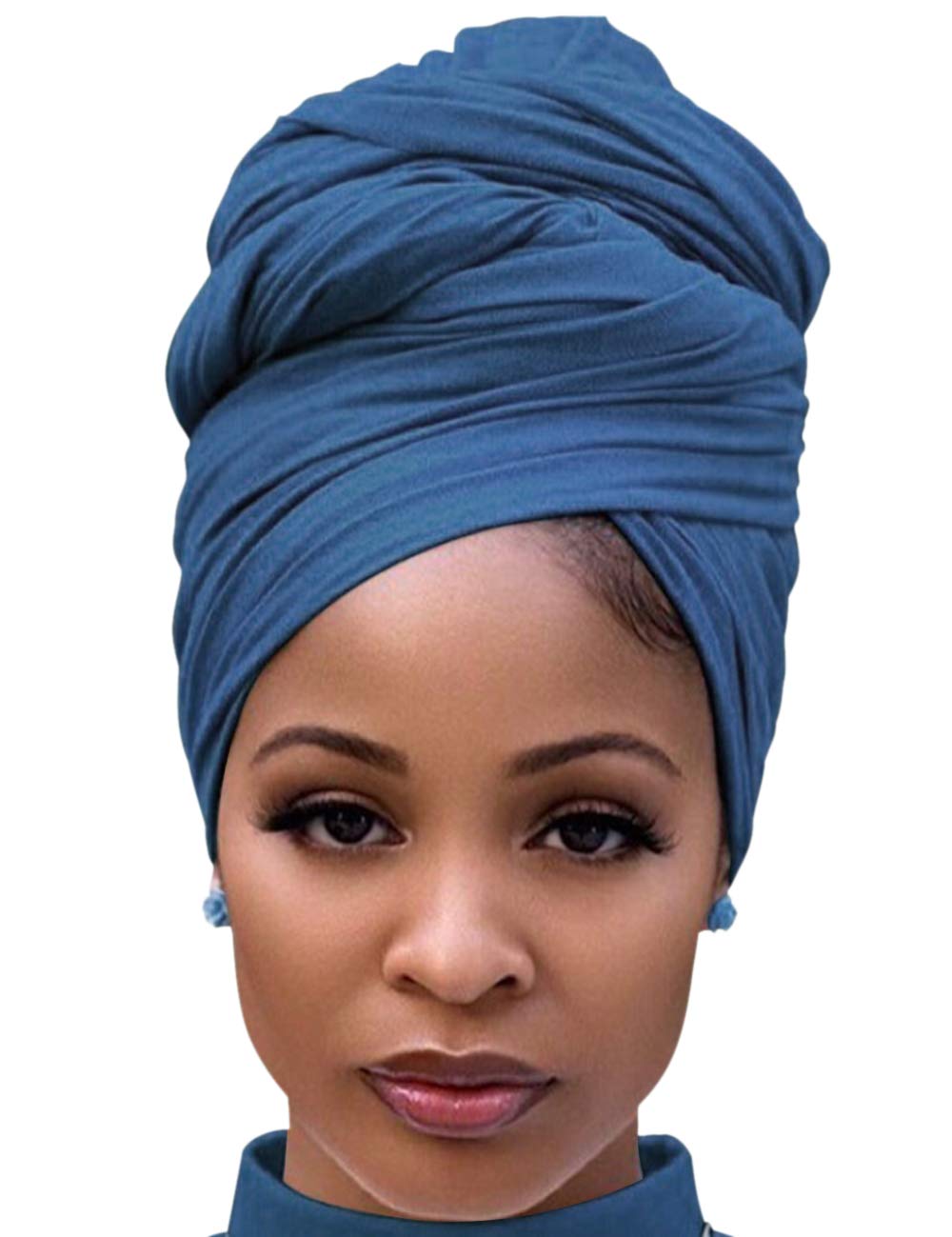 Harewom Headscarf for Black Women Fashion Long Stretch Jersey Turban Hair Wrap for Muslim Locks Headbands Steel Blue