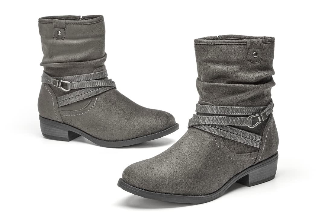 VJH confort Womens Mid calf Boot,Round Toe Low Heel comfort Slouchy Bootie with Side Zipper Buckle Strap (grey,7)