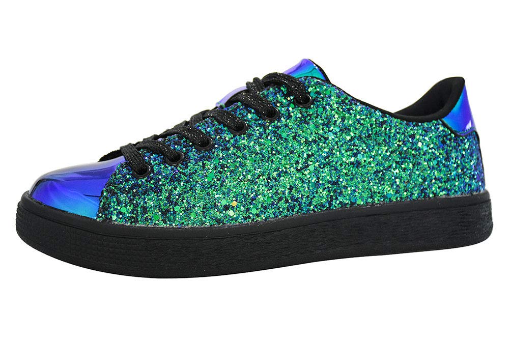 LUCKY STEP Glitter Sneakers Lace up | Fashion Sneakers | Sparkly Shoes for Women (10 B(M) US,Green Hologram)
