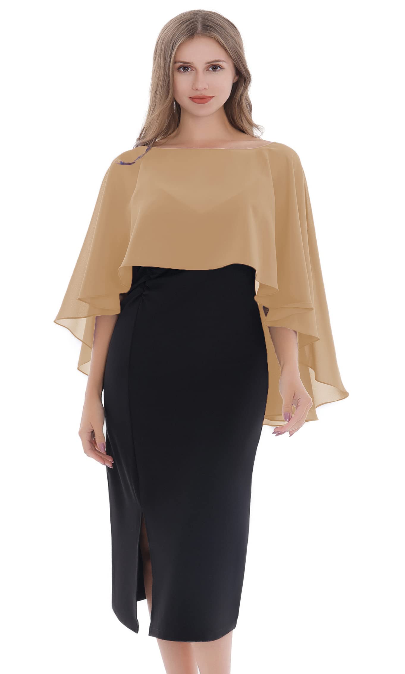 Chiffon Capes Soft Shawls and Wraps Capelets for Bridesmaid Wedding Formal Party Evening Dresses (Gold)