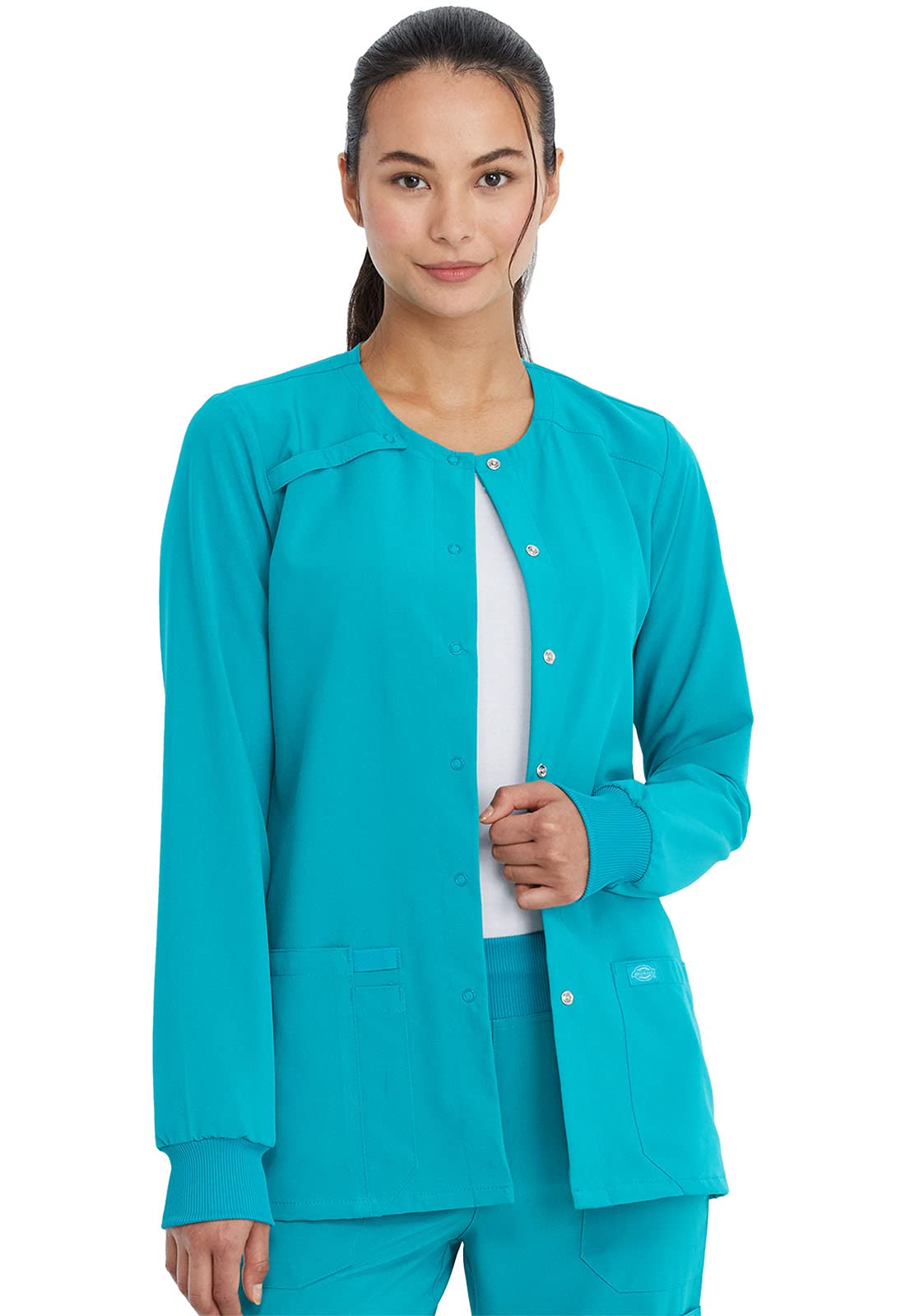 Dickies Scrub Jackets For Woman Snap Front Warm-up Jacket With 2 Pockets - DK305, L, Teal Blue