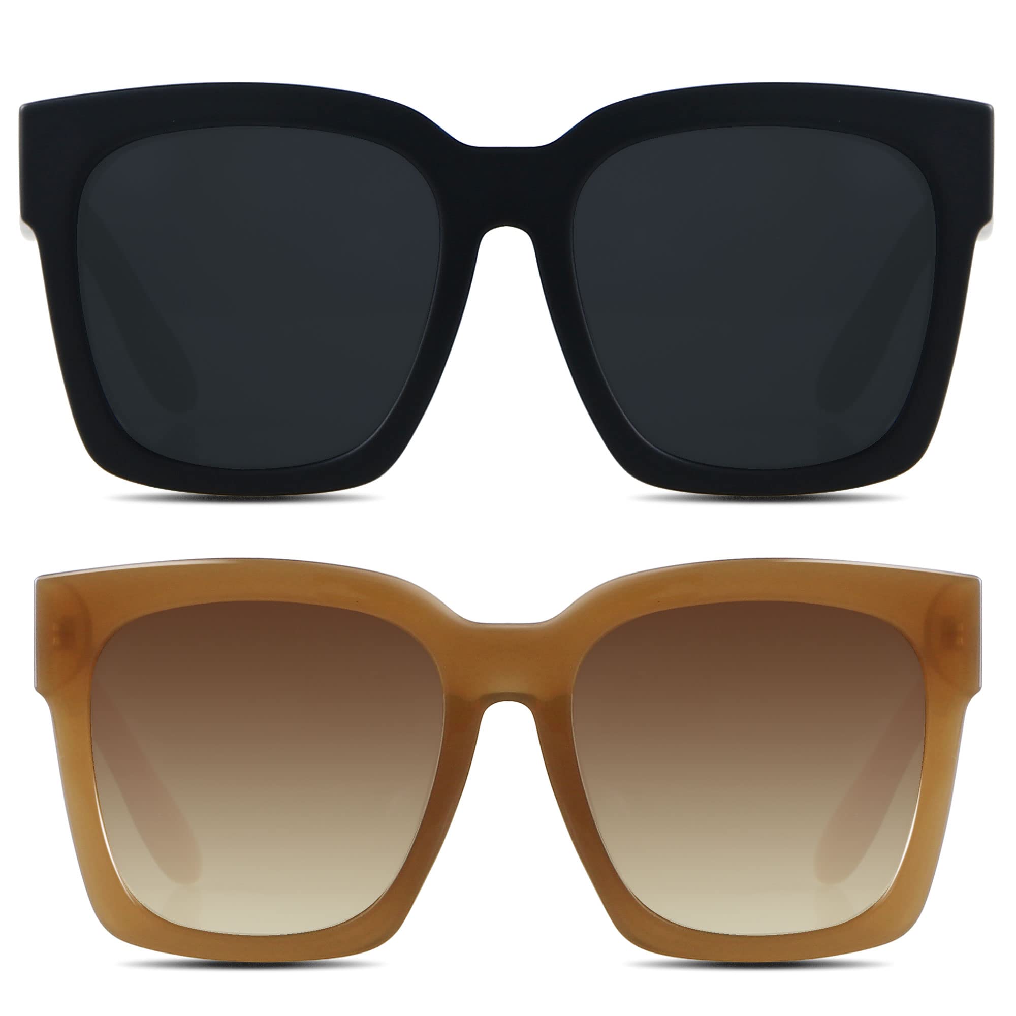 ANDWOOD Oversized Sunglasses for Women Big Large Square Wide Frame Shades Retro Trendy Fashion UV Protection 2 Pack Matte Black