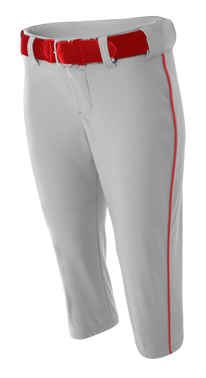A4 Womens Softball Pant with Piping, Large, Grey/Scarlet