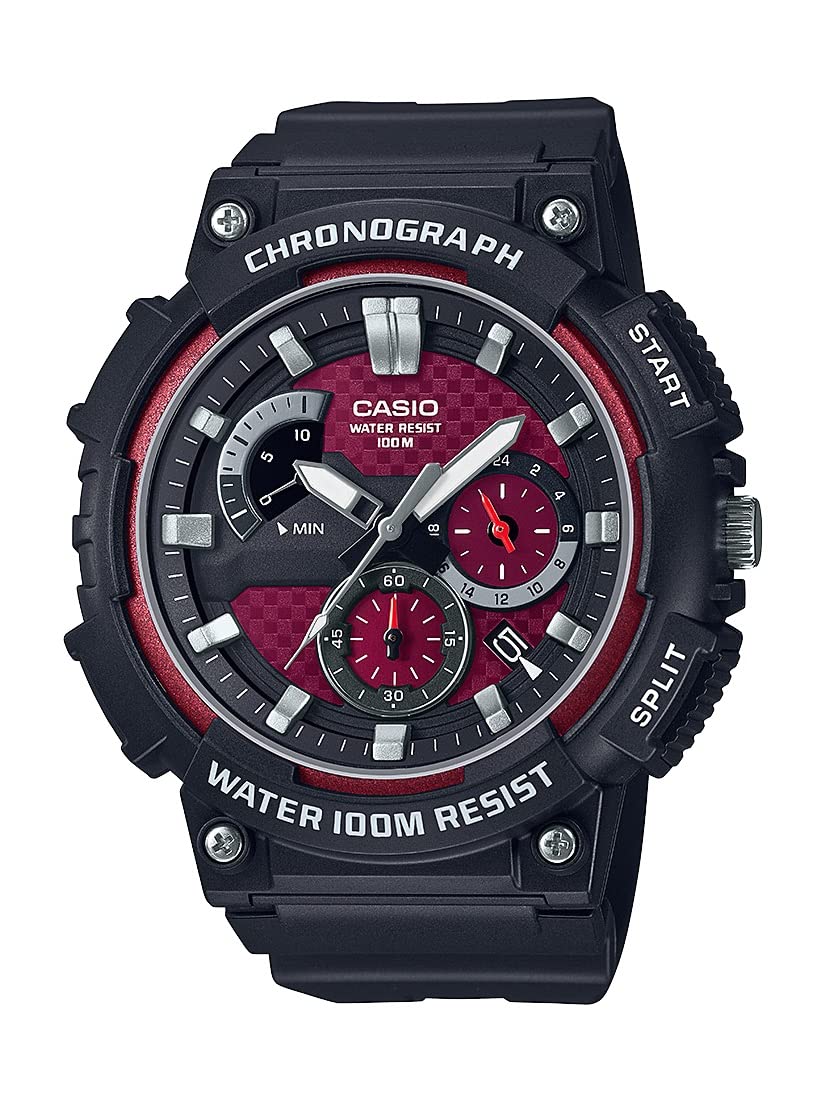 Casio MCW200H Series | Mens Analog Watch | Black/Red |100M WR | Retrograde Chronograph | 1 Second Stopwatch | Date Display | Mul