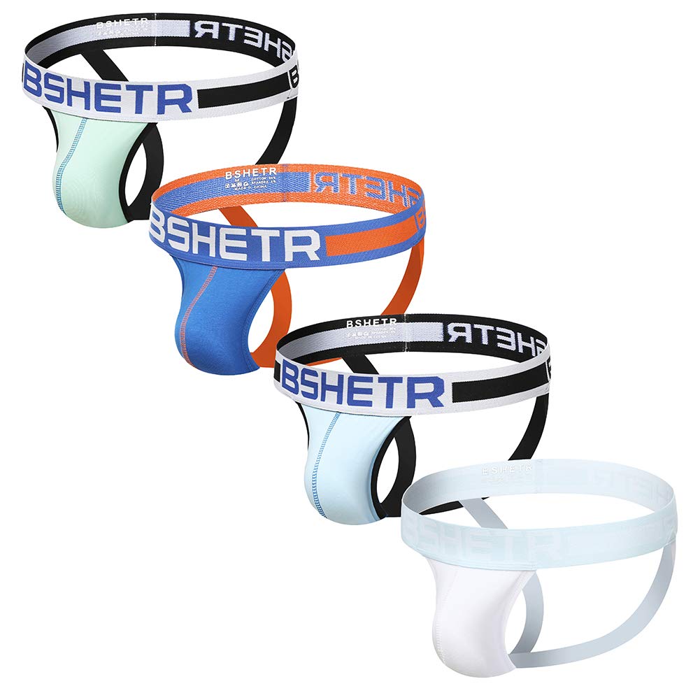 BSHETR Men's Underwear Jockstrap Athletic Supporters, 4-Pack Cotton Low Rise Stretch Multipack Performance Jock Strap