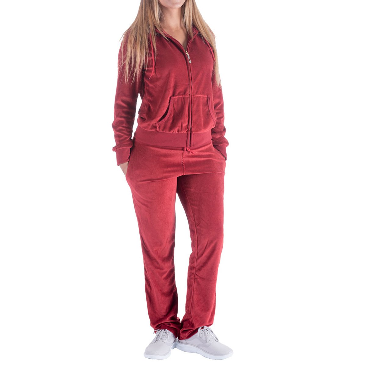 Facitisu Womens Velour Sweatsuit Solid TracksuitSet Hoodie and Pants Casual Zip Up Outfits Set Jogging Suit Medium Brick Red