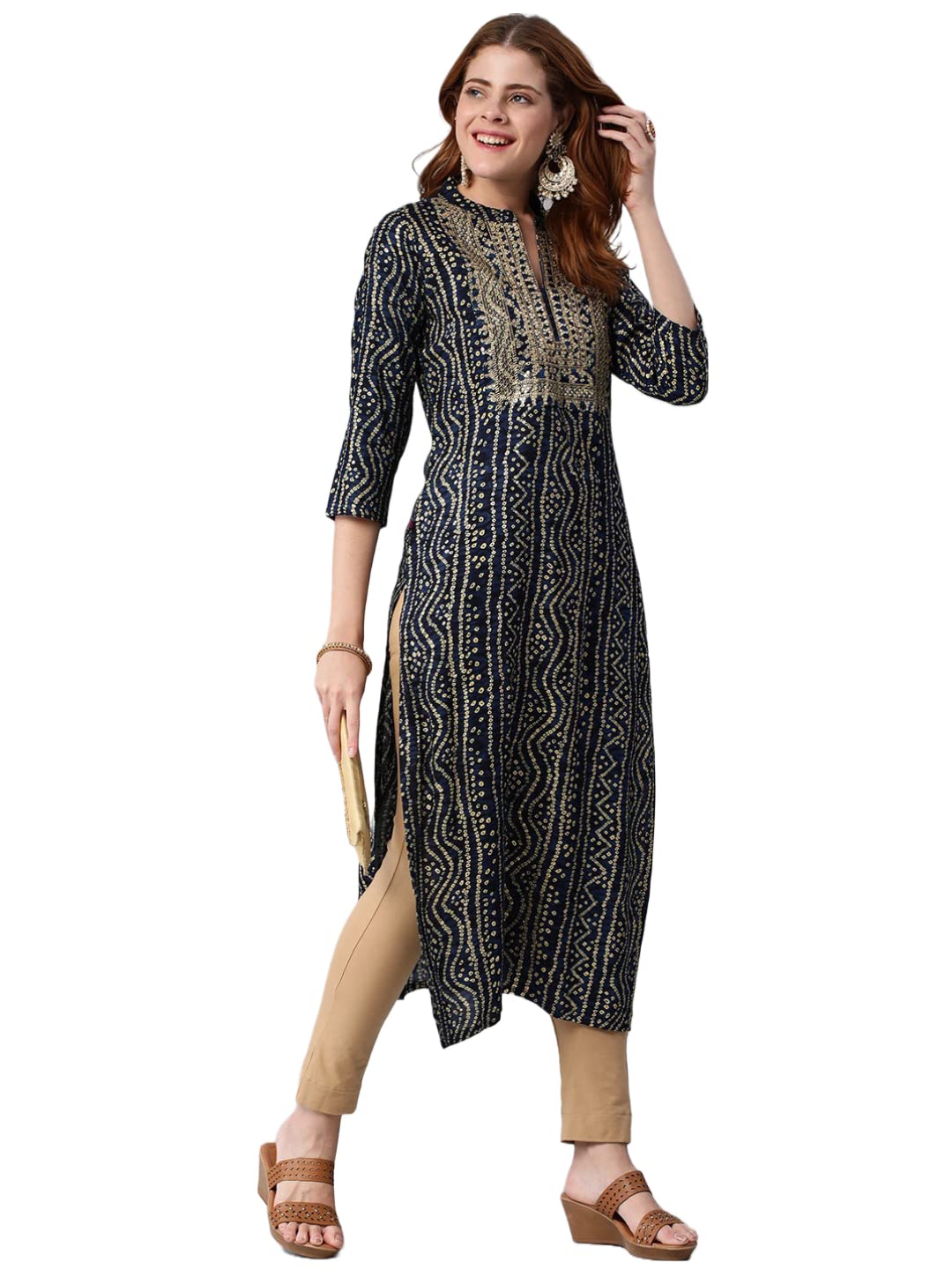 Gosriki Women'S Pure Cotton Rayon Bandhani Printed With Embroidered Straight Kurta (Rugari-Blue-Jan42-Gs_L_Blue_Large)