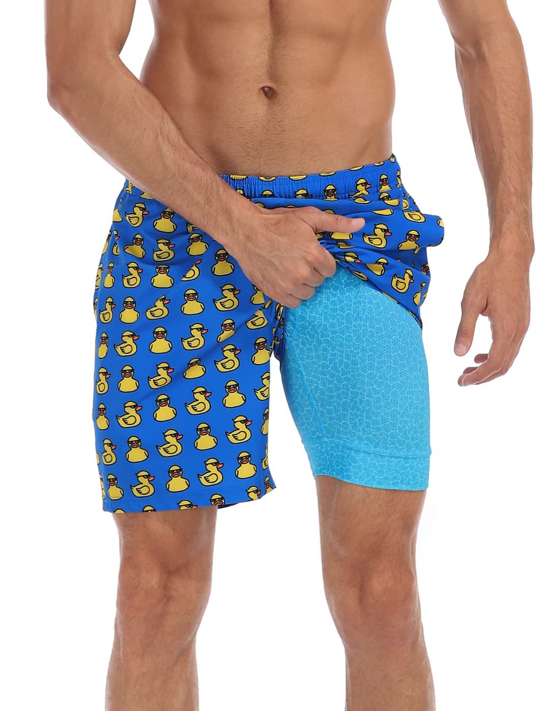 LRD Men's Swim Trunks with Compression Liner 7 Inch Inseam Quick Dry Swim Shorts Gangsta Ducks/Pool - XXL
