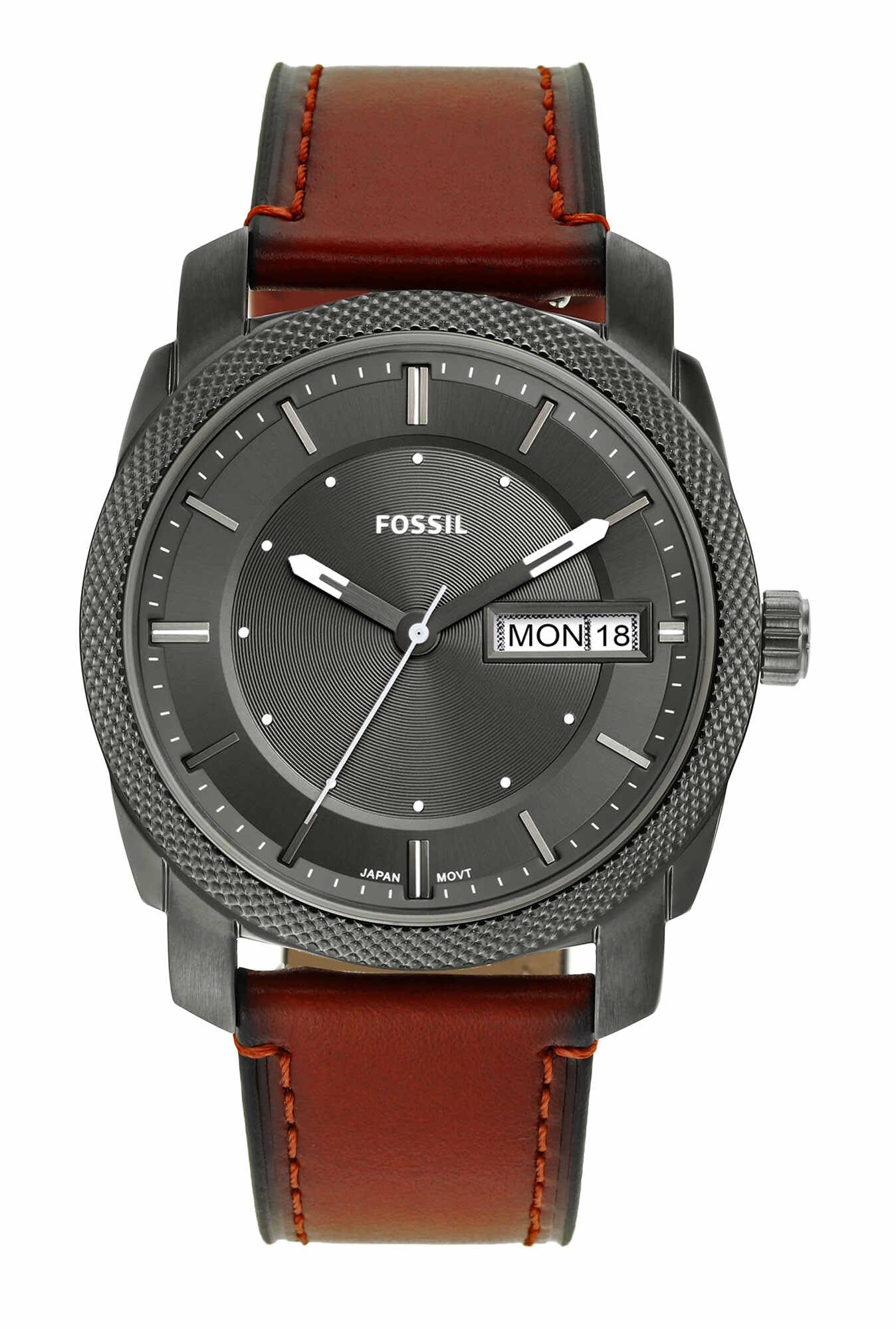 Fossil Men's Machine Quartz Stainless Steel and Leather Three-Hand Watch, Color: Smoke, Amber (Model: FS5900)