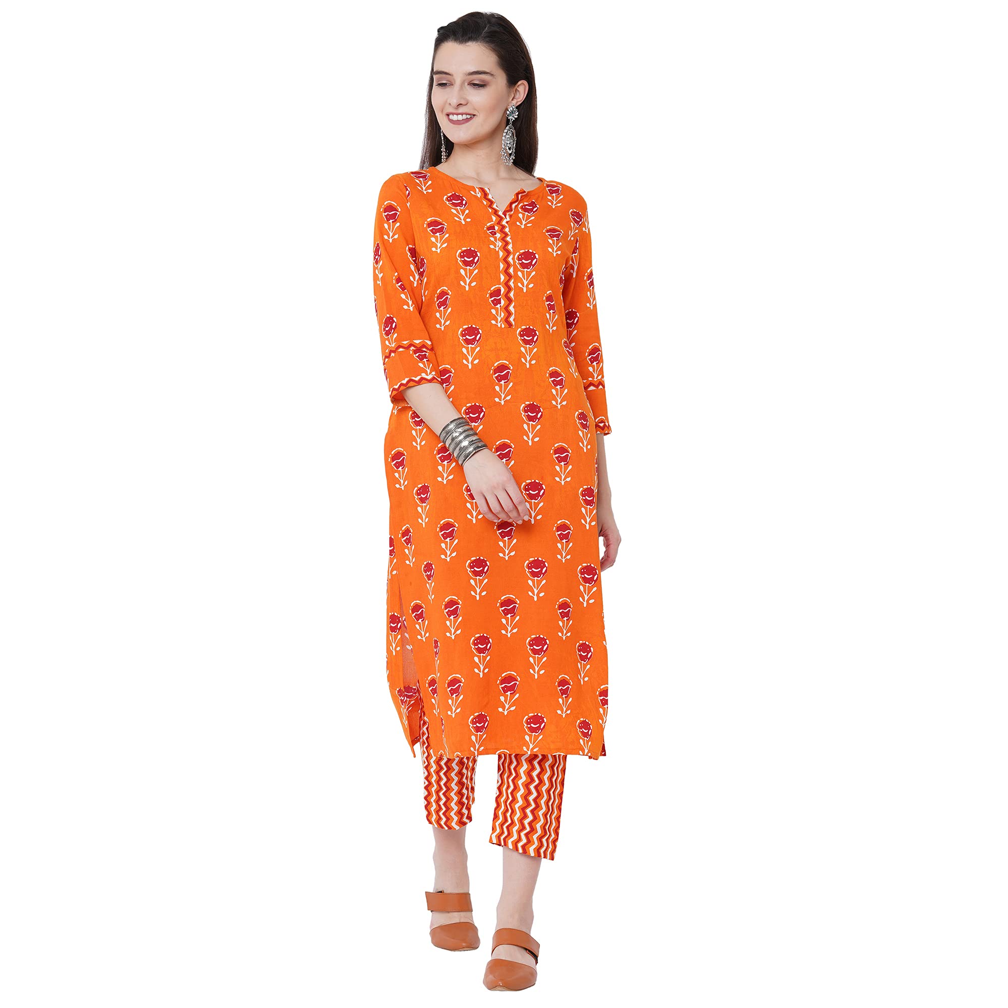 Gosriki Women'S Cotton Straight Kurta With Palazzo (Gshk132_Xl_Orange_X-Large)