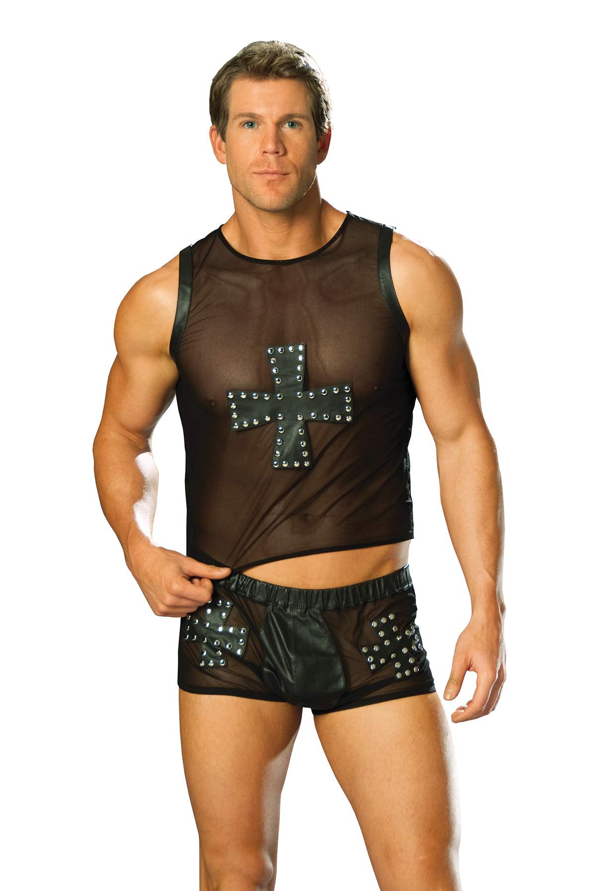Mens Leather and Mesh Shorts-black-medium