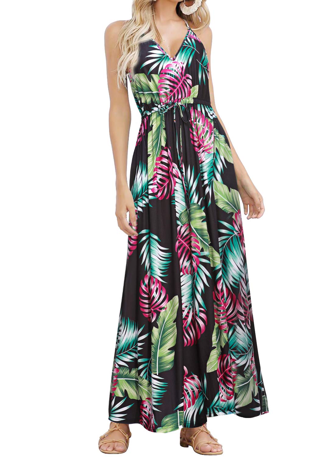 HUSKARY Womens Sleeveless V Neck Spaghetti Strap Pockets Beach Boho Tropical Summer Maxi Dress