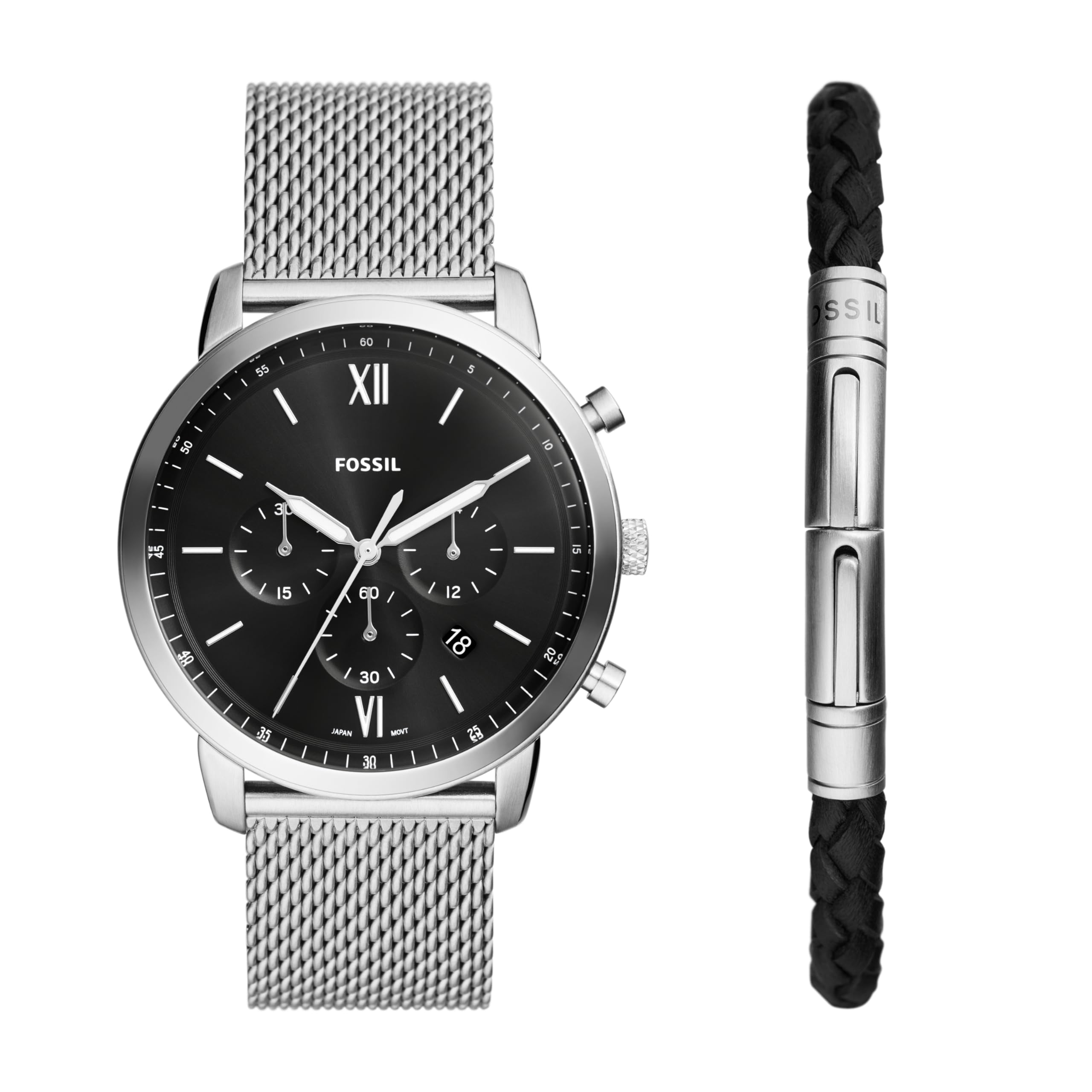 Fossil Men's Neutra Gift Set Chronograph Stainless Steel Watch, Color: Silver Mesh Bracelet Set (Model: FS6020SET)