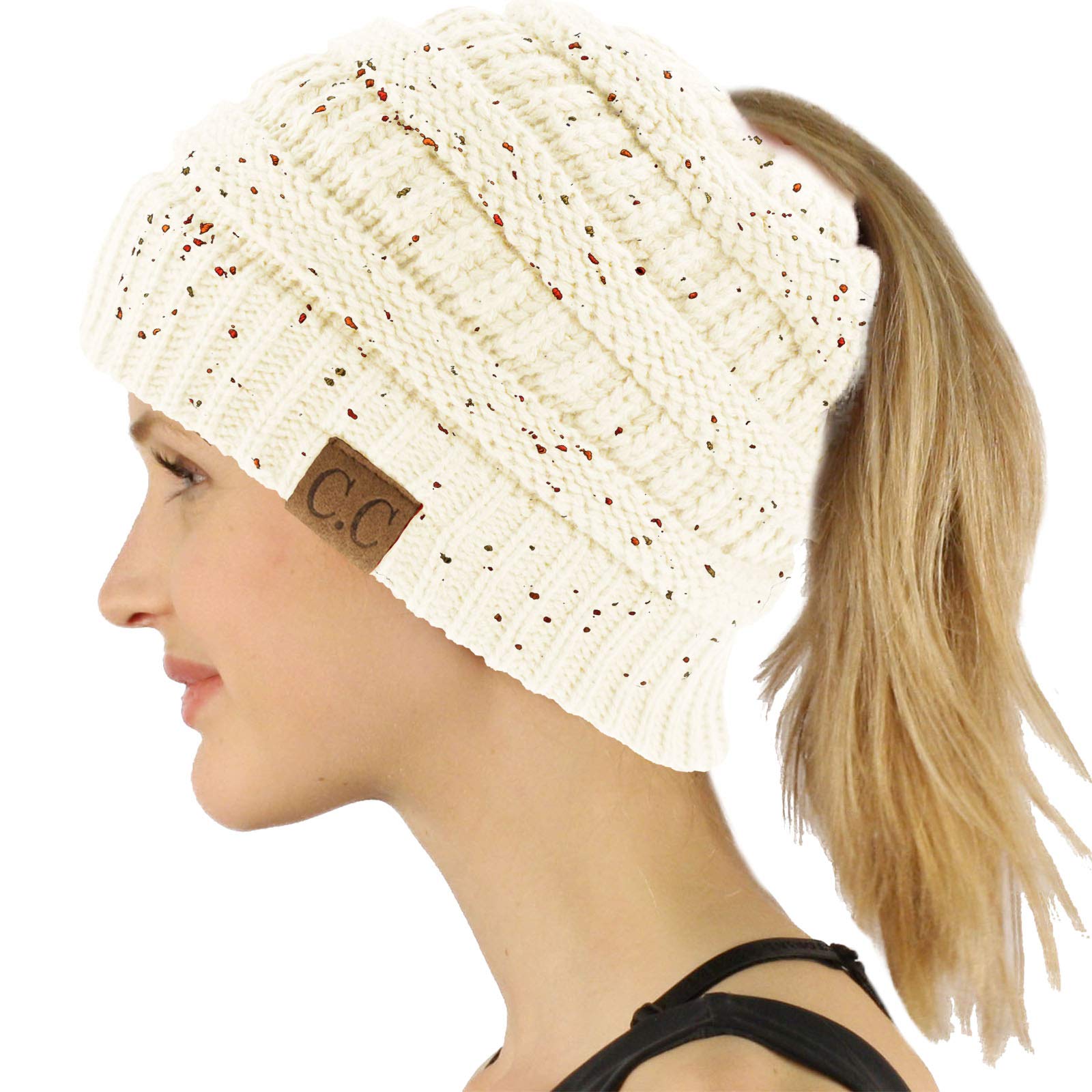 cc Ponytail Messy Bun BeanieTail Soft Winter Knit Stretch Beanie Hat (confetti Ivory)
