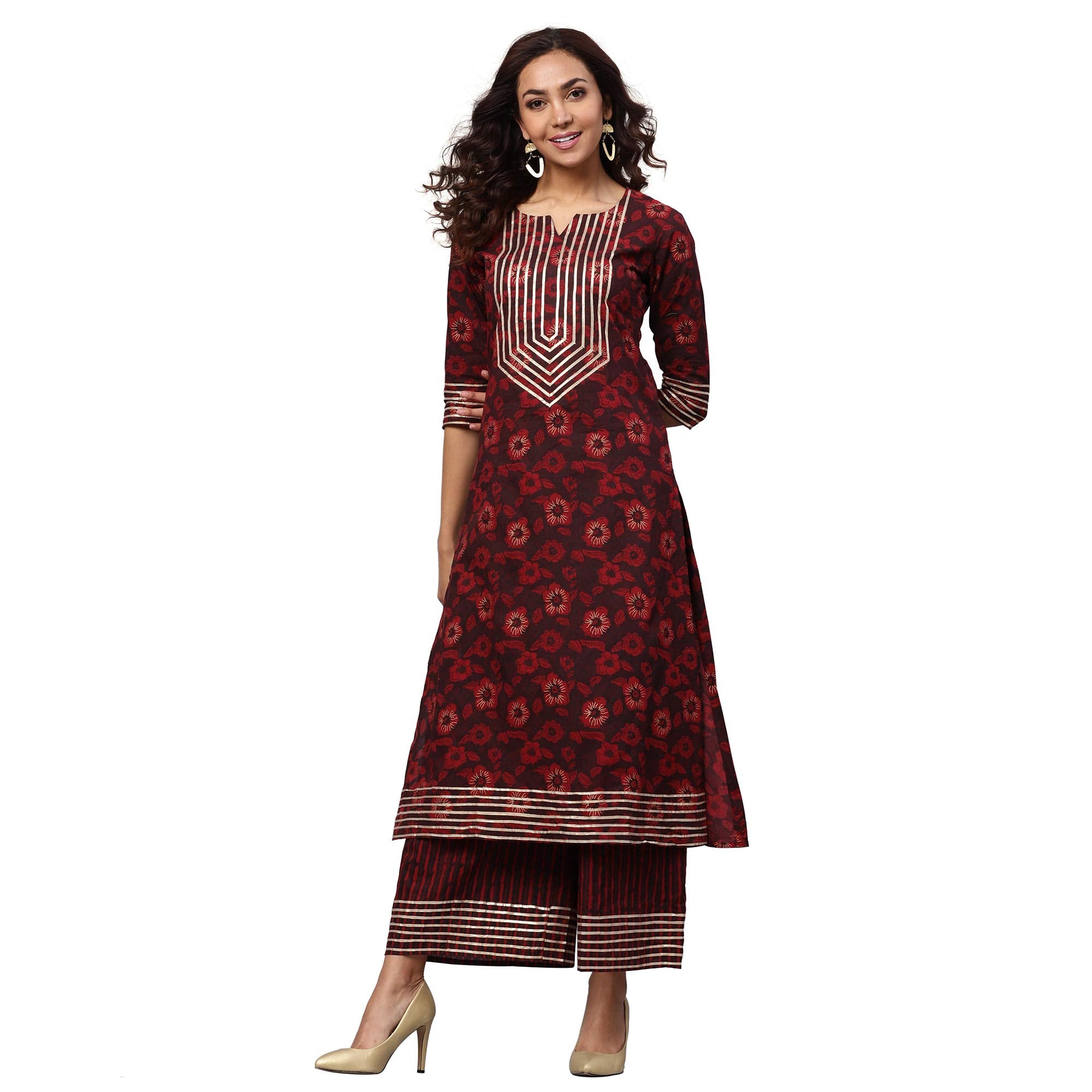 Idalia Maroon Printed Cotton Kurta For Women Straight 3/4 Kurta Set With Palazzo Pant For Women