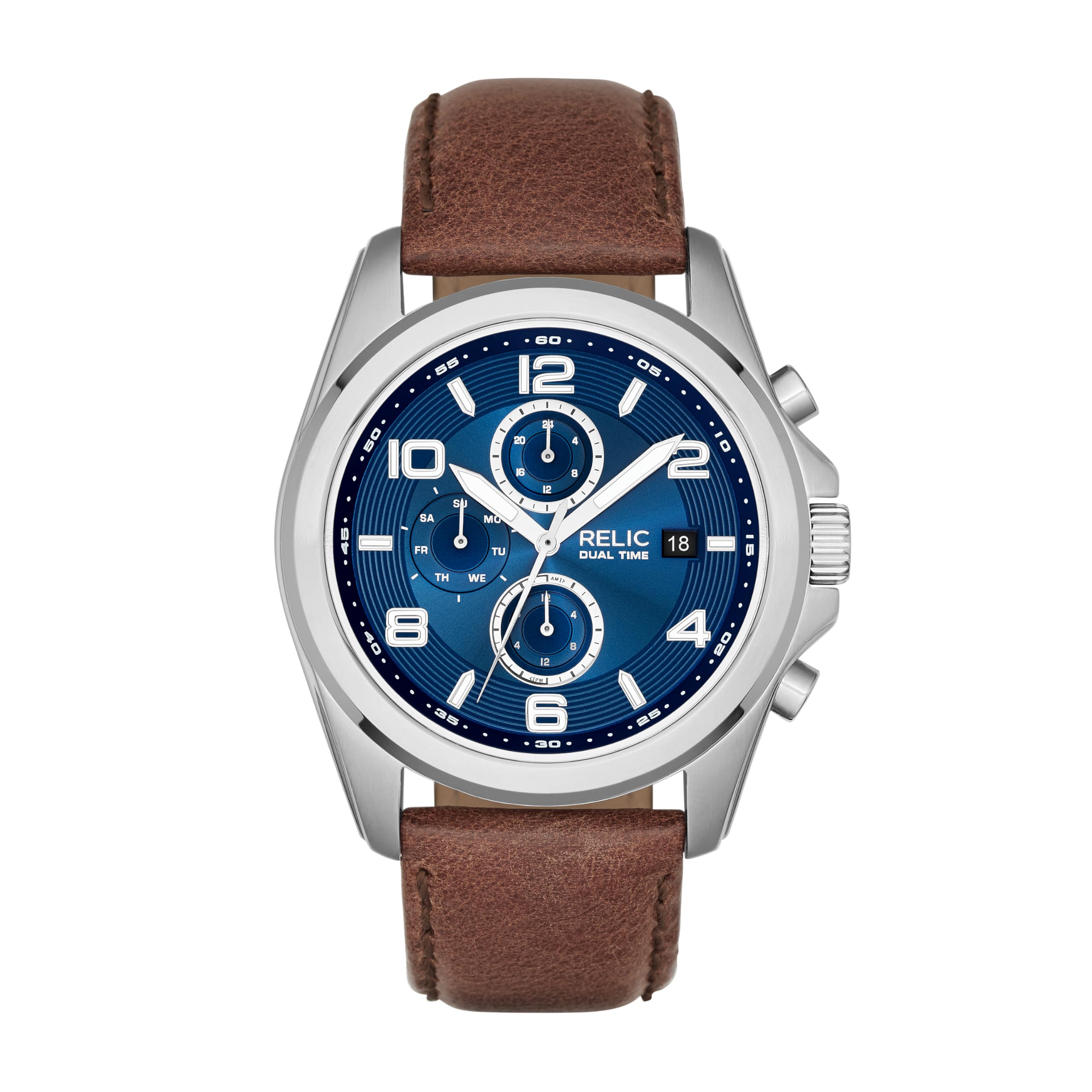 Relic by Fossil Men's Daley Multifunction Silver Stainless Steel and Brown Leather Band Watch (Model: ZR15794)