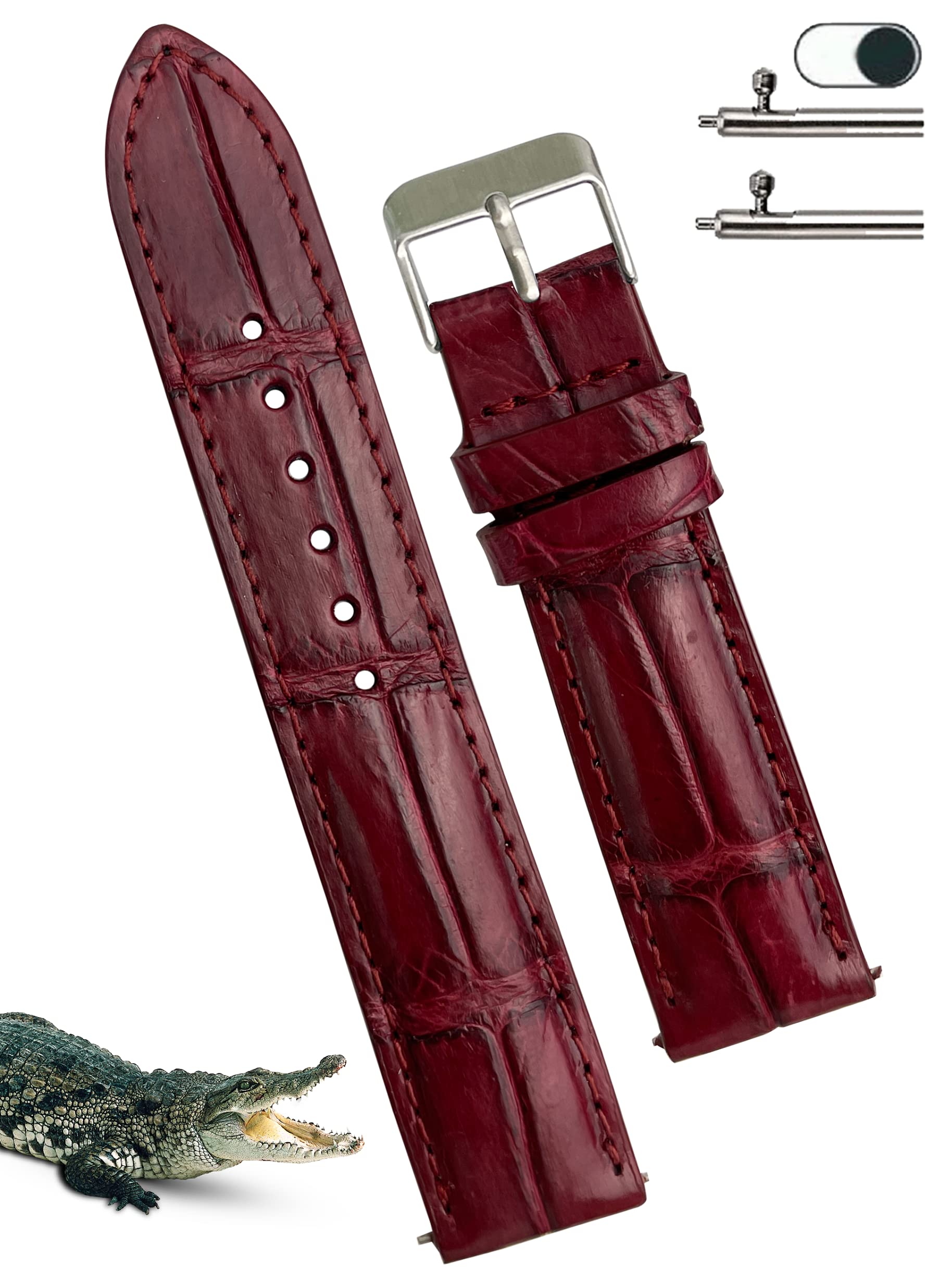 vinacreations 19mm Burgundy Alligator Belly Leather Watch Band Crocodile Strap Men Quick Release Premium Replacement Wristwatch