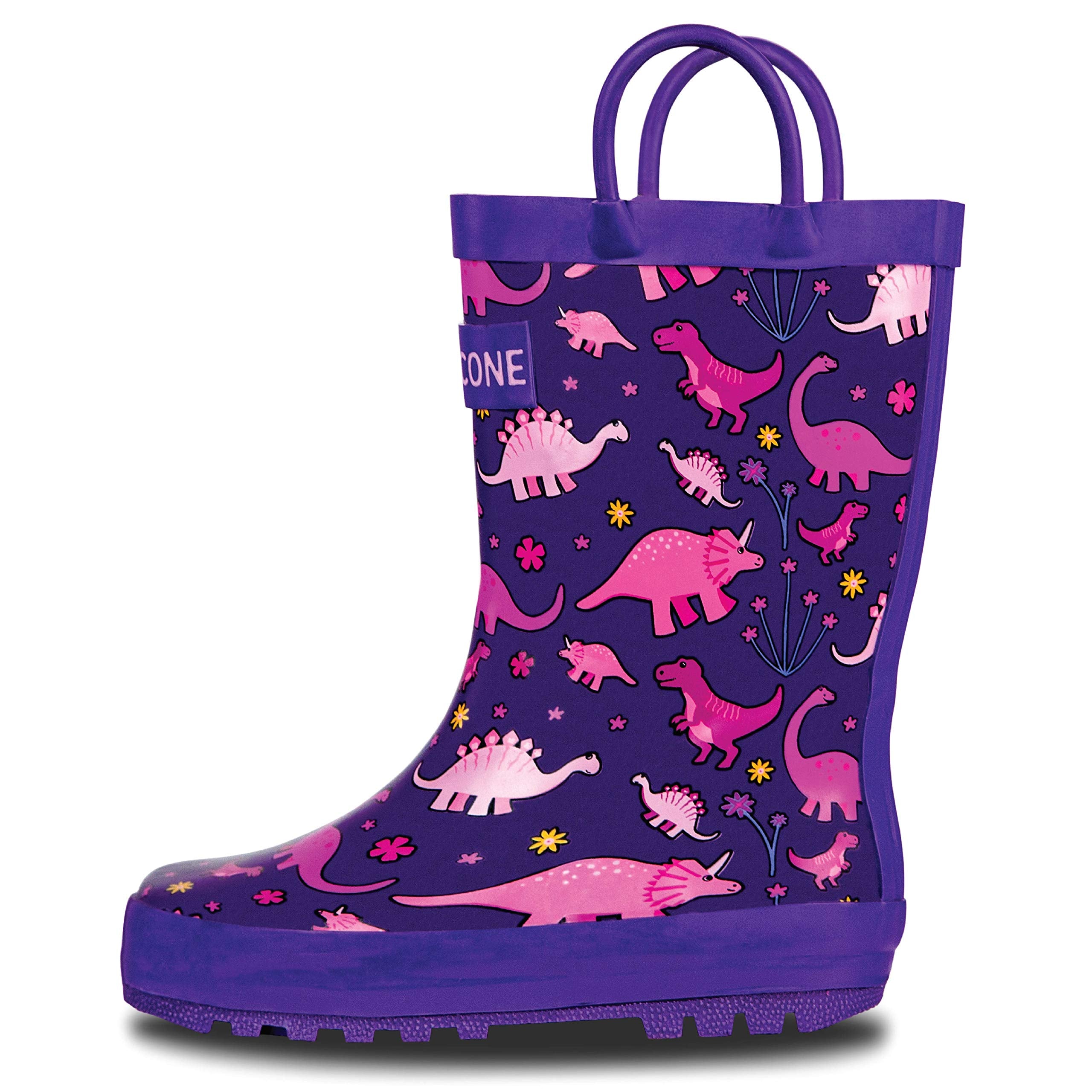Lone Cone Rain Boots with Easy-On Handles in Fun Patterns for Toddlers and Kids, Pink-O-Saurus Rex, 5 Toddler