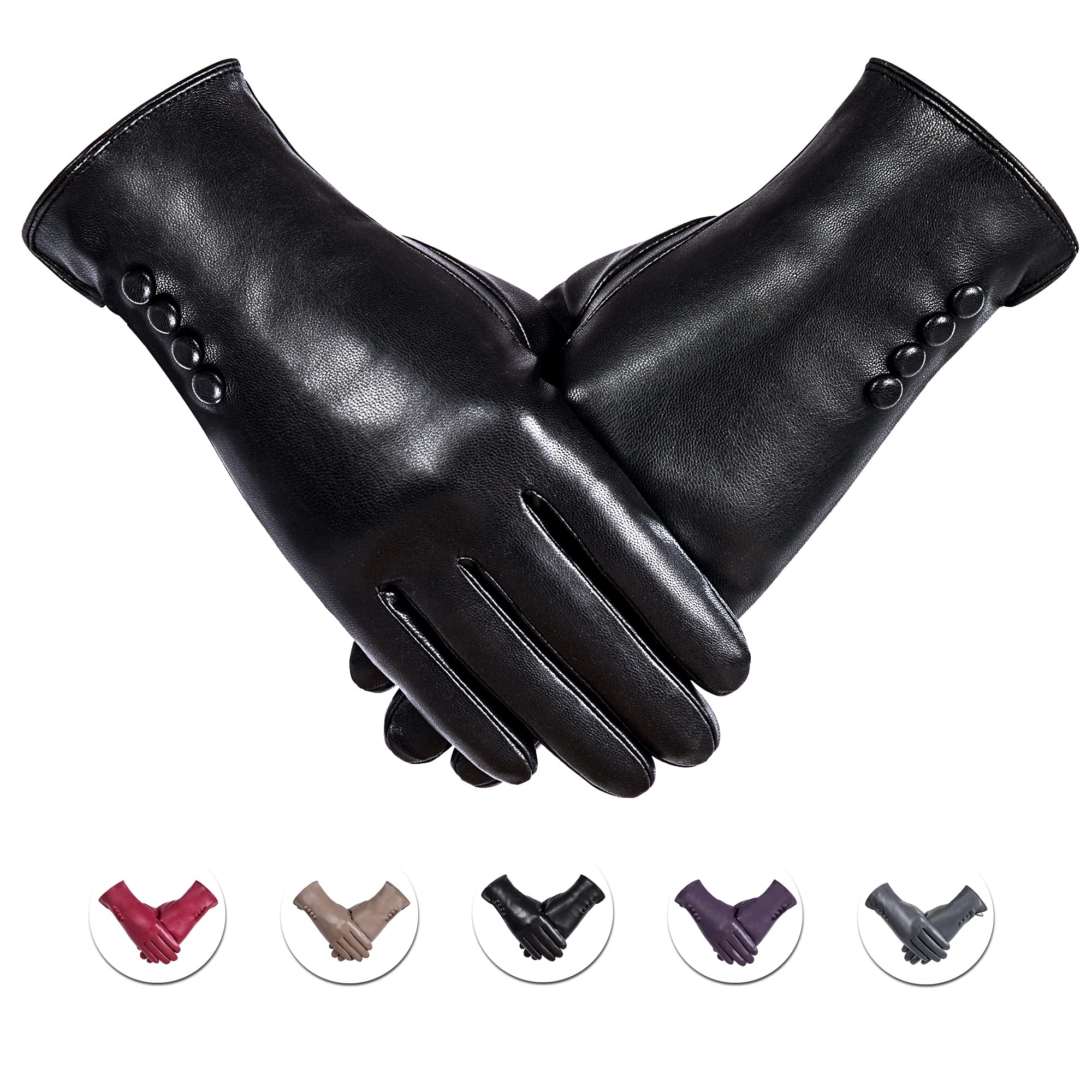 Alepo Winter PU Leather Gloves For Women, Warm Thermal Touchscreen Texting Typing Dress Driving Motorcycle Gloves With Wool Lini