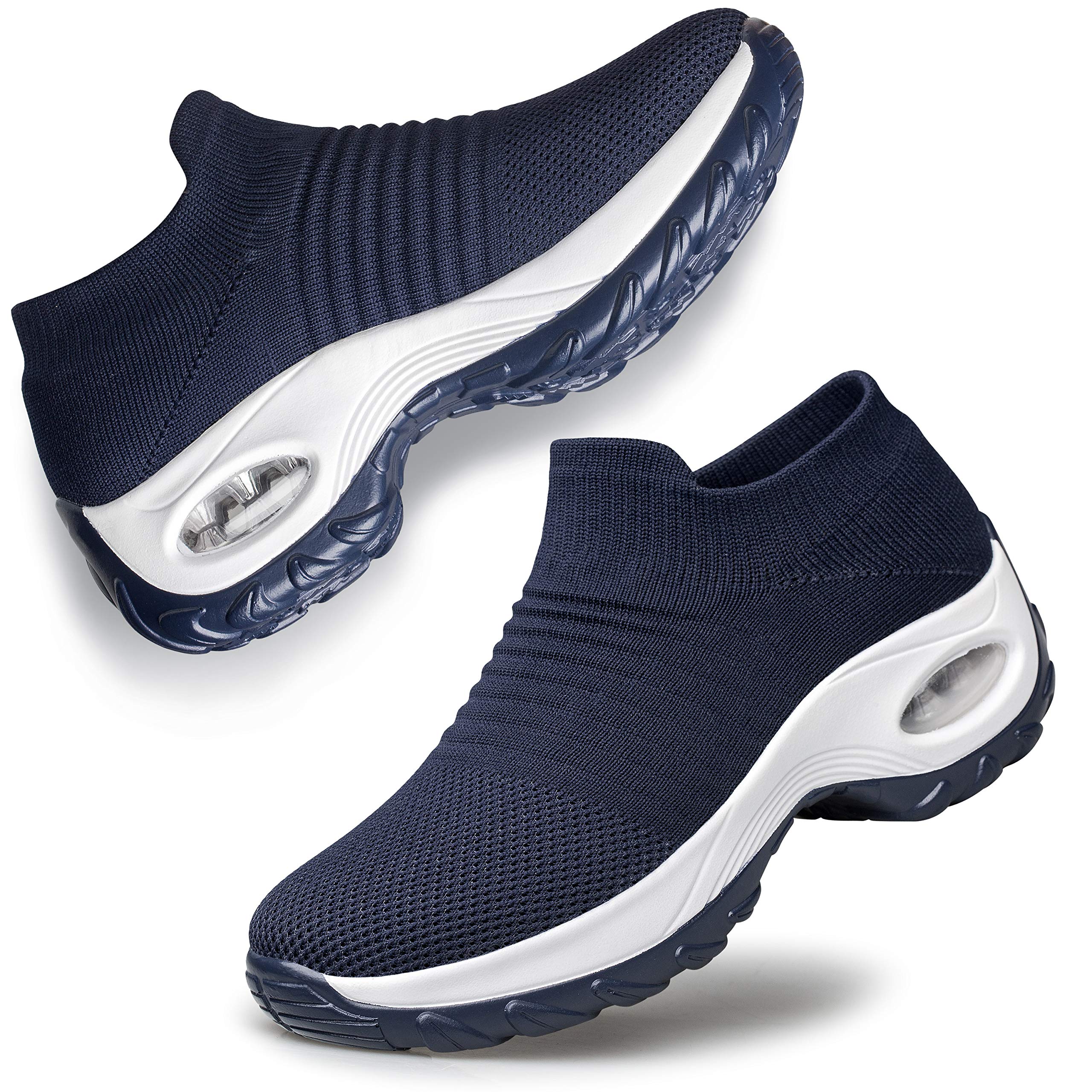 YHOON Women's Road Running Shoes - Sock Sneakers Slip on Mesh Platform Loafers Air Cushion Athletic Shoes Work Comfortable Navy