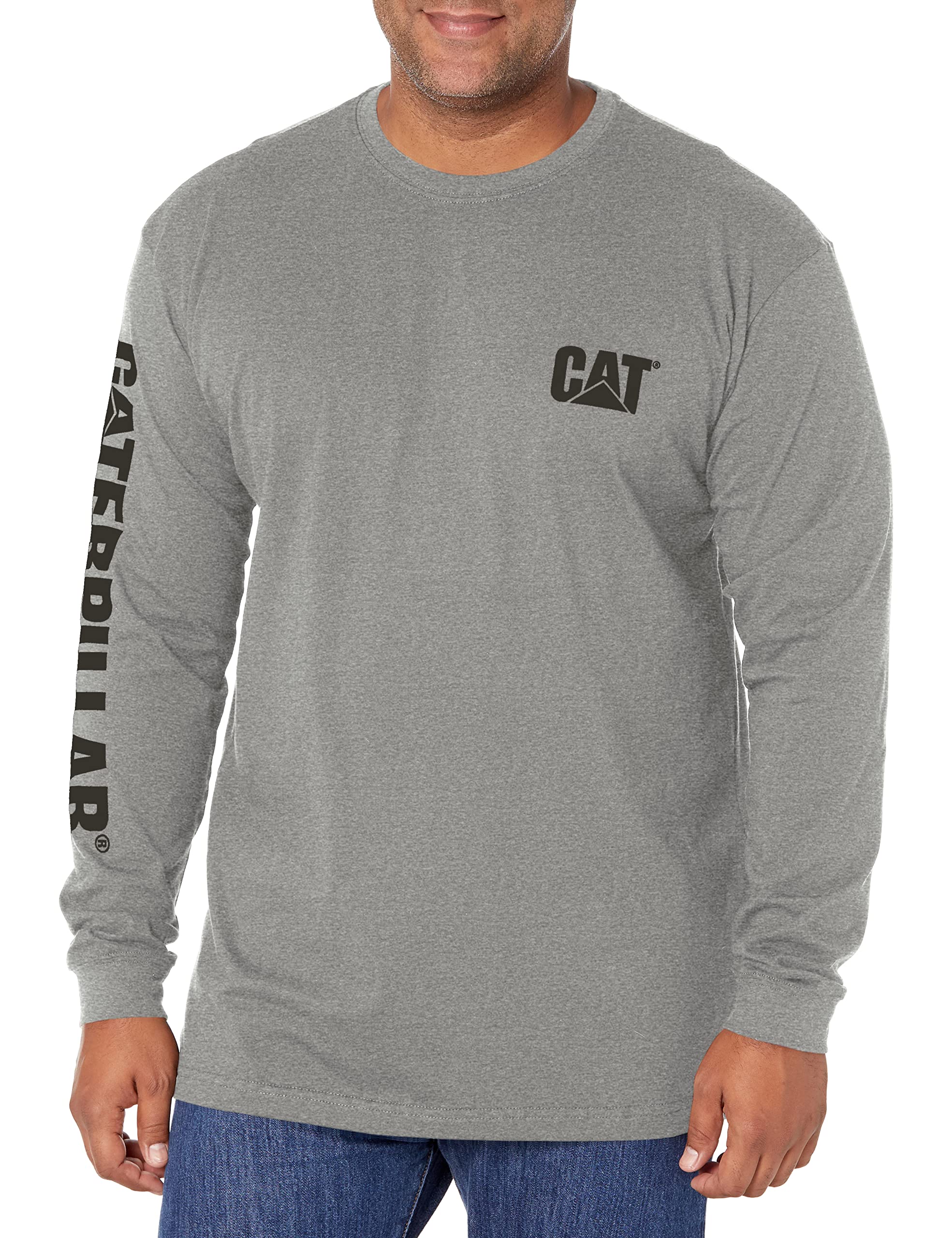 Caterpillar Men's Trademark Banner Long Sleeve Tee Shirts with Center Back Neck Wire Management Loop and CAT Logo, Dark Heather