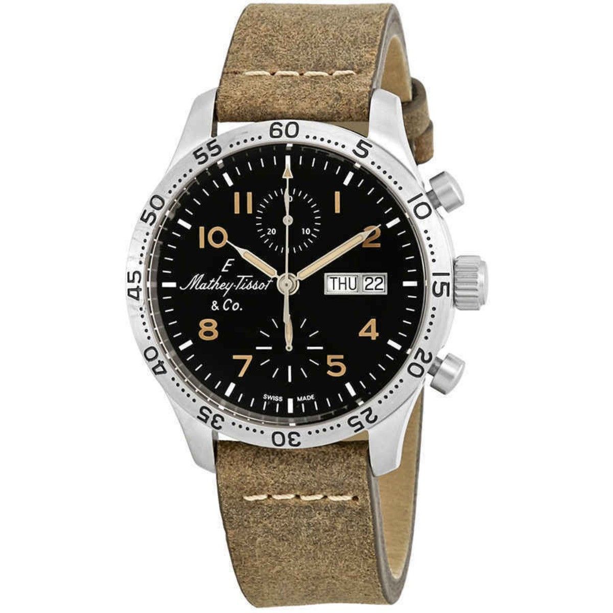 Mathey-Tissot Type 21 Chronograph Genuine Leather Black Dial Automatic H1821CHATLNO Mens Watch