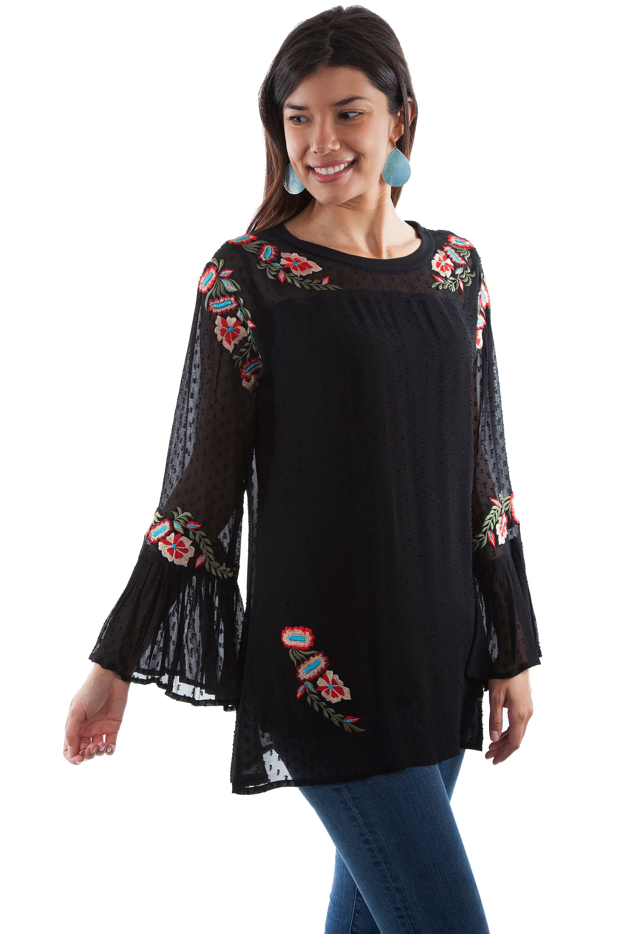 SWISS DOT TUNIC W/EMB & RUFFLE SLEEV