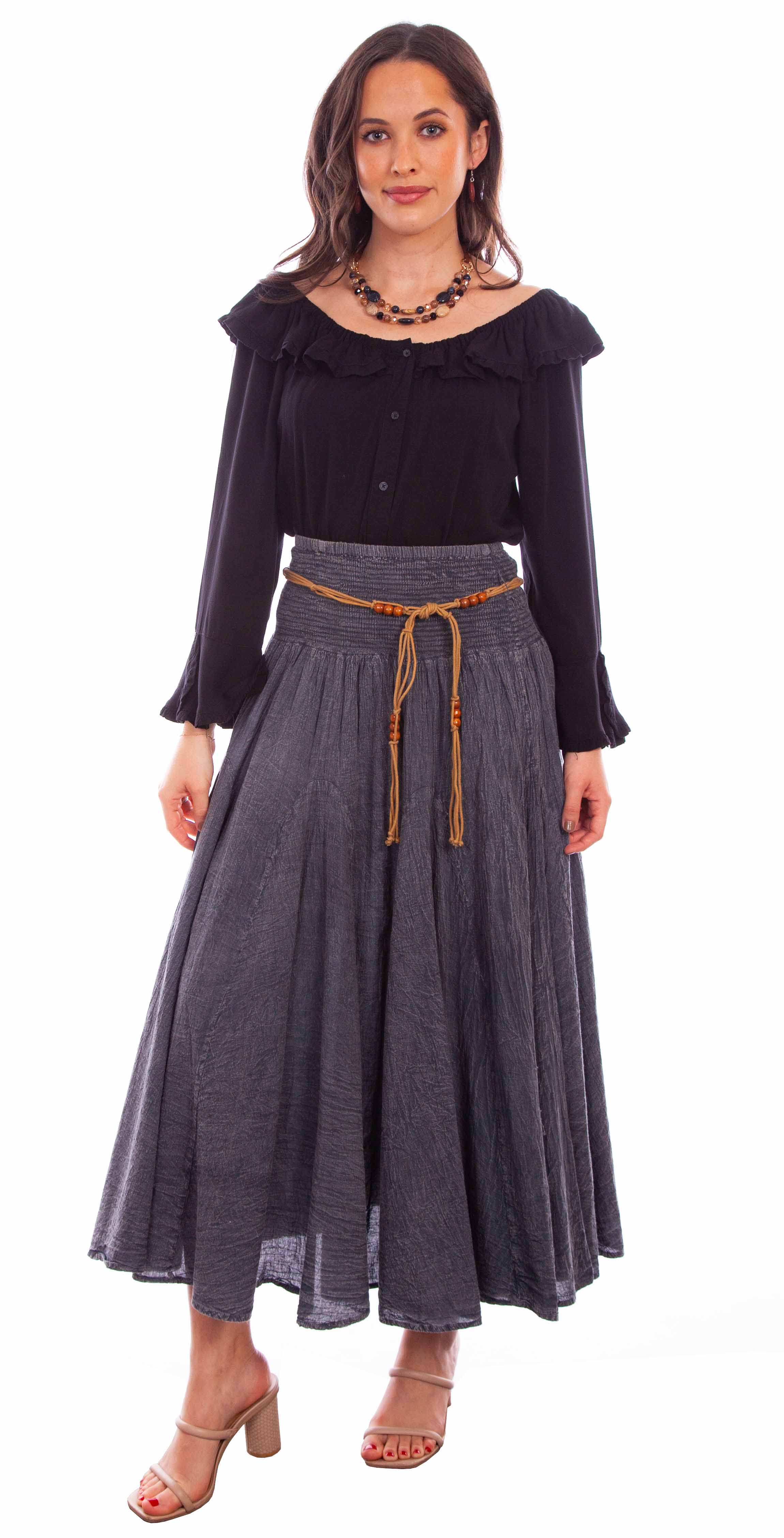 ACID WASH SKIRT W/BEADED CORD BELT