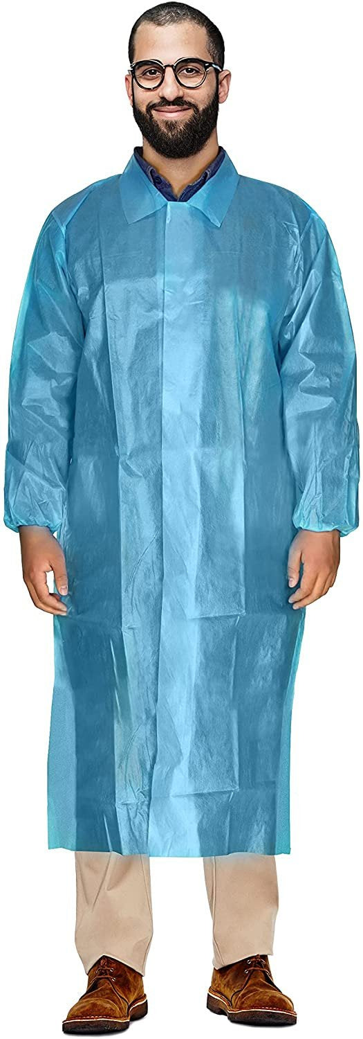 Disposable gowns Large Pack of 10 Blue Lab coat Men 40 gsm Polypropylene Polyethylene Surgical gowns with collar Loop Fastener L