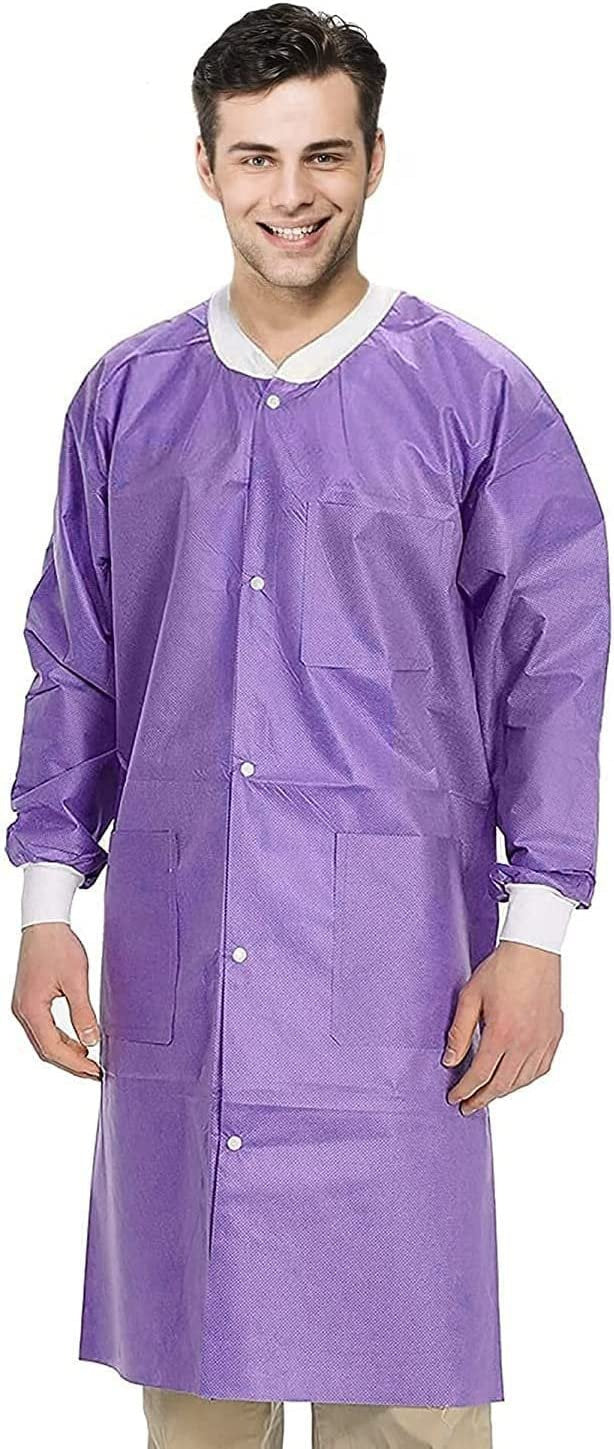 AMZ Medical Supply Disposable Lab coat Medium, Pack of 50 Blueberry Disposable Lab coats for Adults, 45 gsm SMS Painting Lab coa