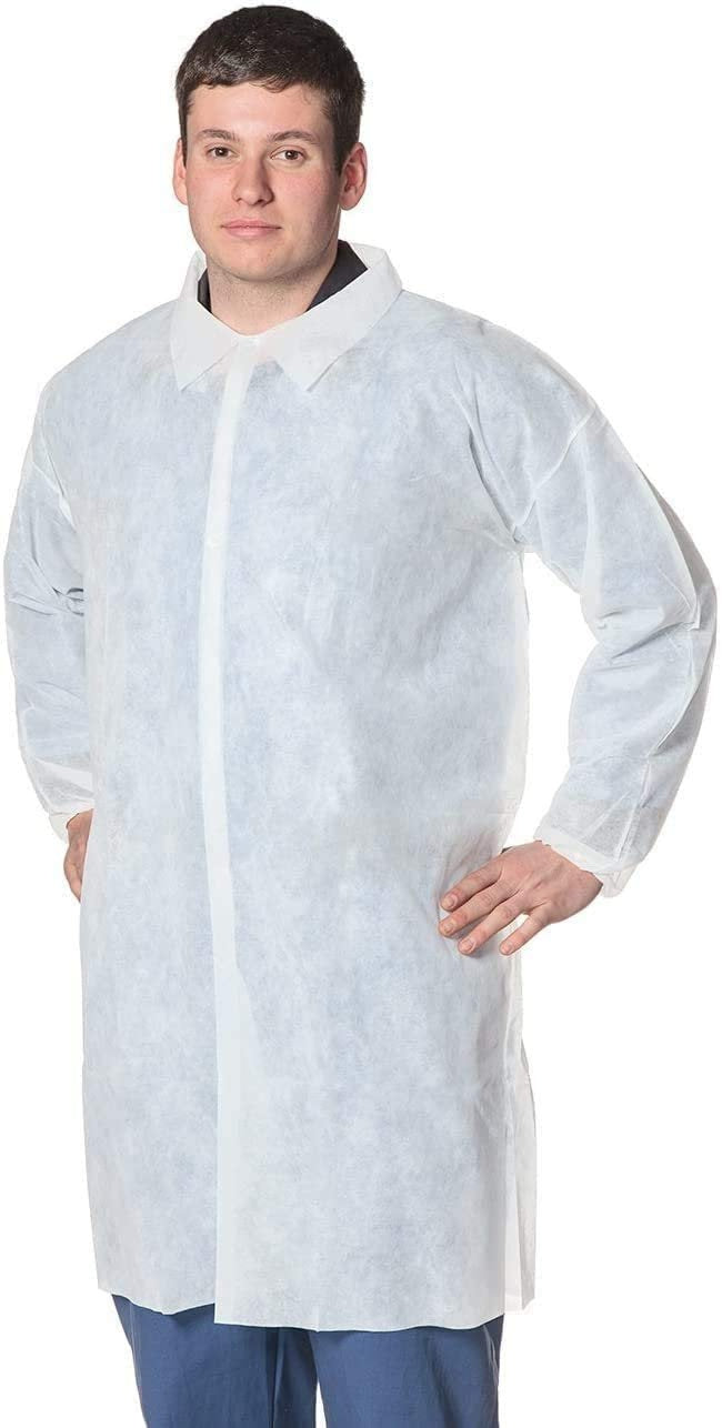 Pack of 50 White Polypropylene Lab coats XX-Large Size Unisex Disposable coats 44 Long Hook and Loop Fastener collar Elastic Wri