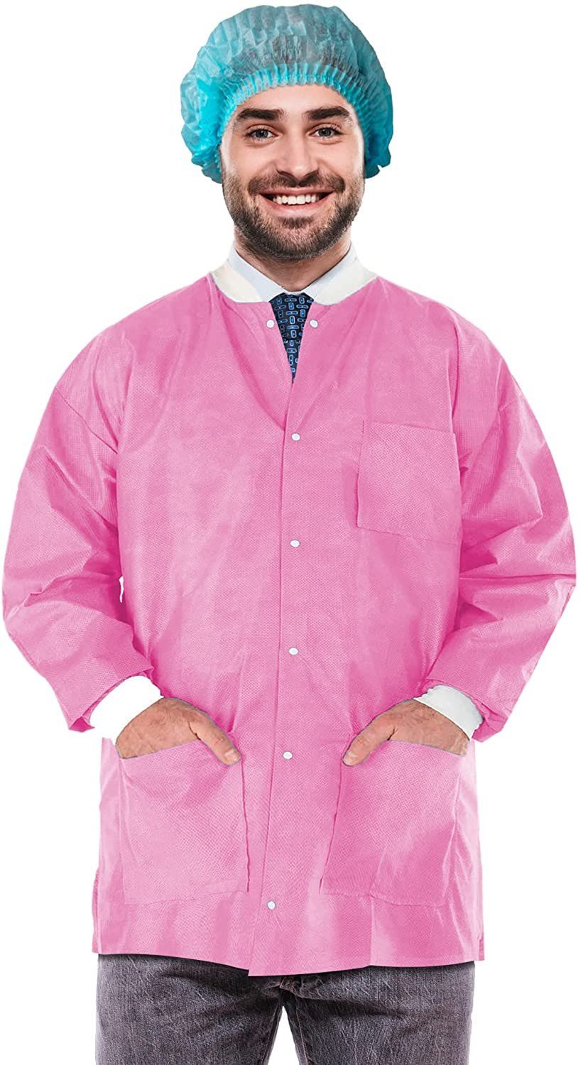 Disposable Lab Jackets 33 Long Pack of 100 Pink Hip Length Work gowns XX-Large SMS 50 gsm Shirts with Snaps Front Knit cuffs & c