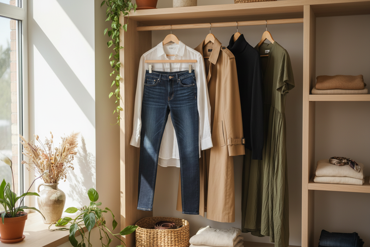 A close-up of an open wooden closet with clothes hanging (white shirt, jeans, trench coat, black sweater, green dress) and folded items on shelves, illuminated by a window.