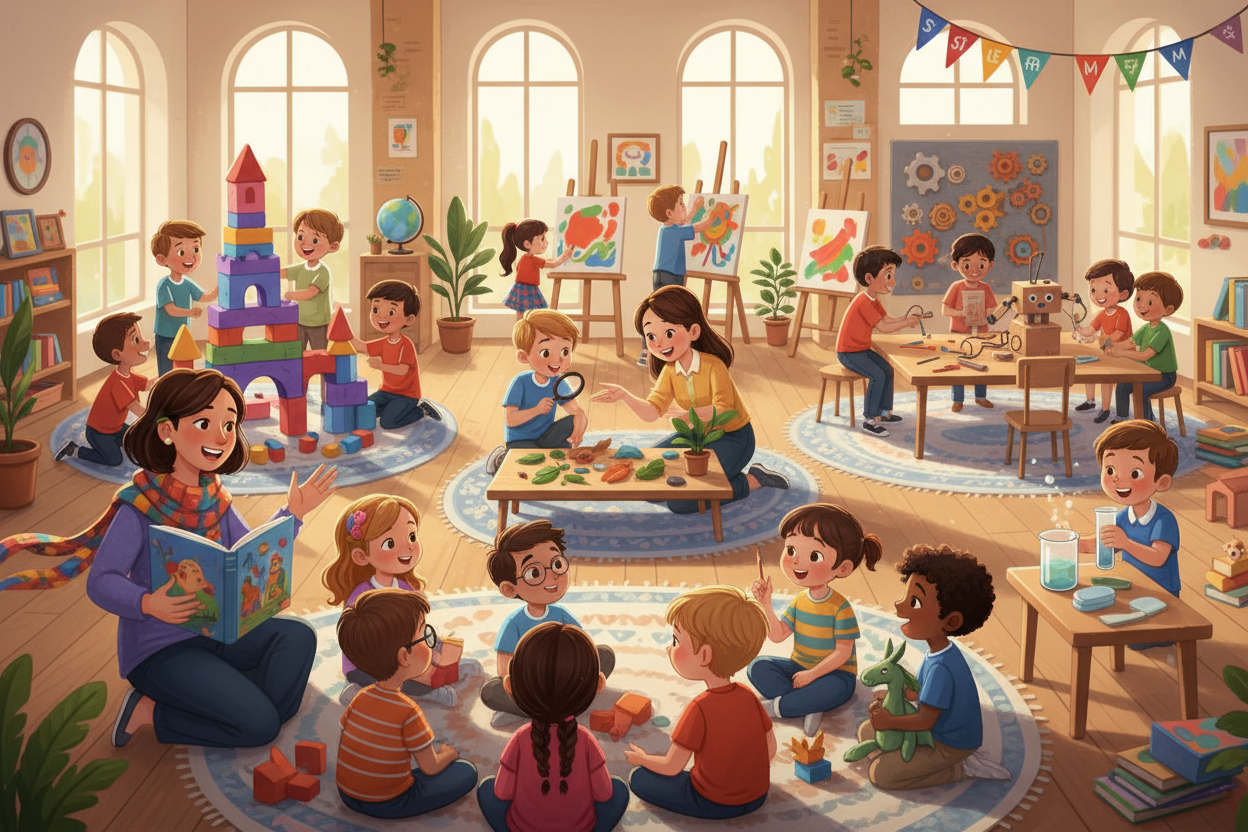 An illustration of a bright classroom where a teacher reads to a group of children, while others engage in building blocks, painting, and STEAM activities.