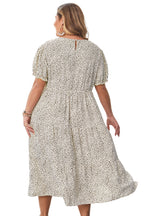 Beige Plus Size Leopard Print Frill Trim Short Sleeve Flared Dress