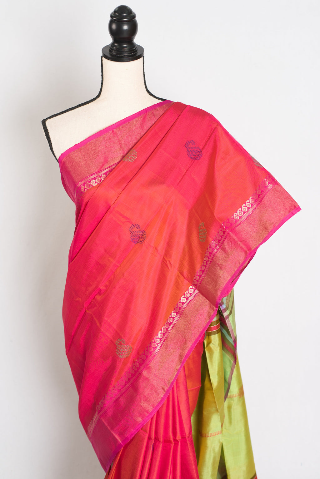 Malini : Bishnupur Katan Silk Saree in Peach Orange and Green