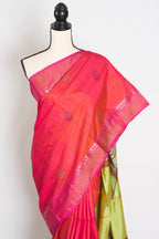 Malini : Bishnupur Katan Silk Saree in Peach Orange and Green
