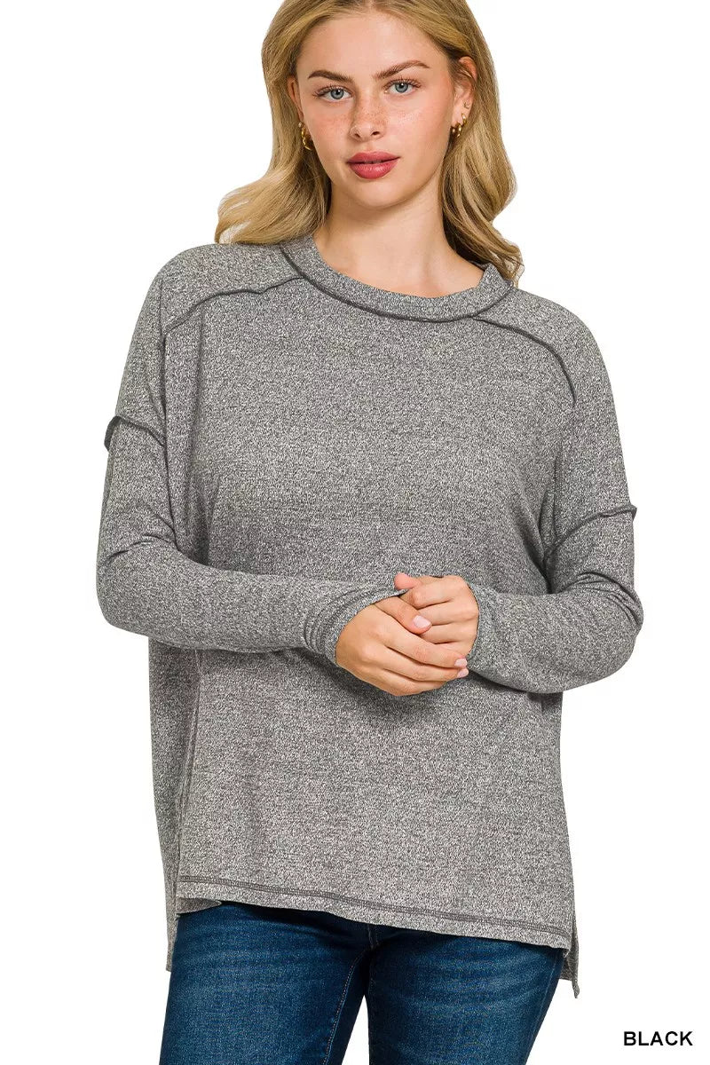 Zenana Full Size Melange Hacci Exposed Seam Hi-low Tee Plus Size