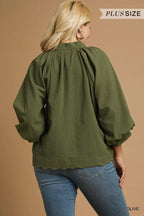 Umgee Full Size Textured Notched Balloon Sleeve Blouse Plus Size