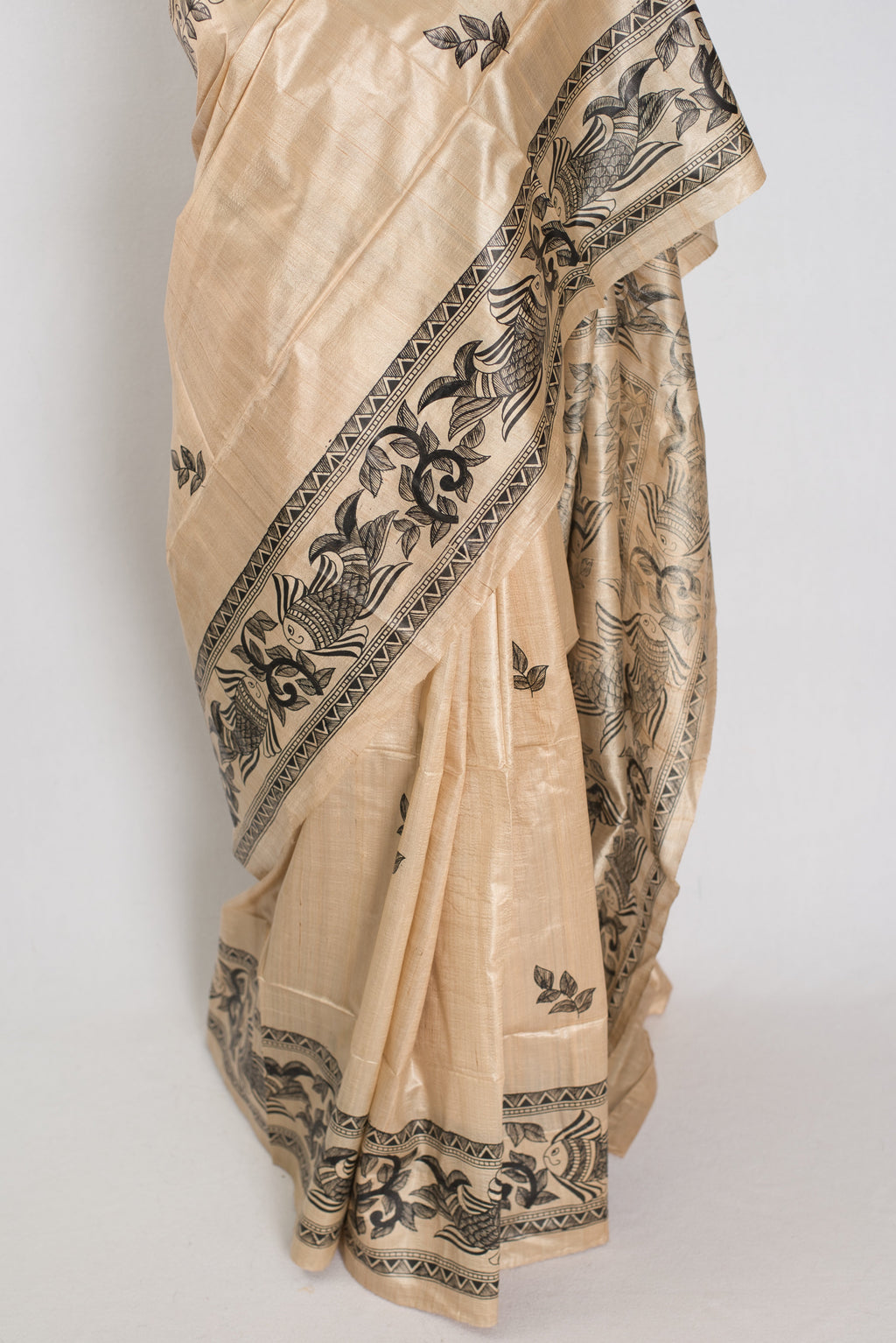 Matsya: Hand-Painted Madhubani Tussar Silk Saree | Fish Motif | Beige & Black