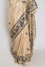 Matsya: Hand-Painted Madhubani Tussar Silk Saree | Fish Motif | Beige & Black