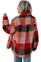 Orange Plaid Print Flap Pockets Buttoned Casual Plus Size Jacket