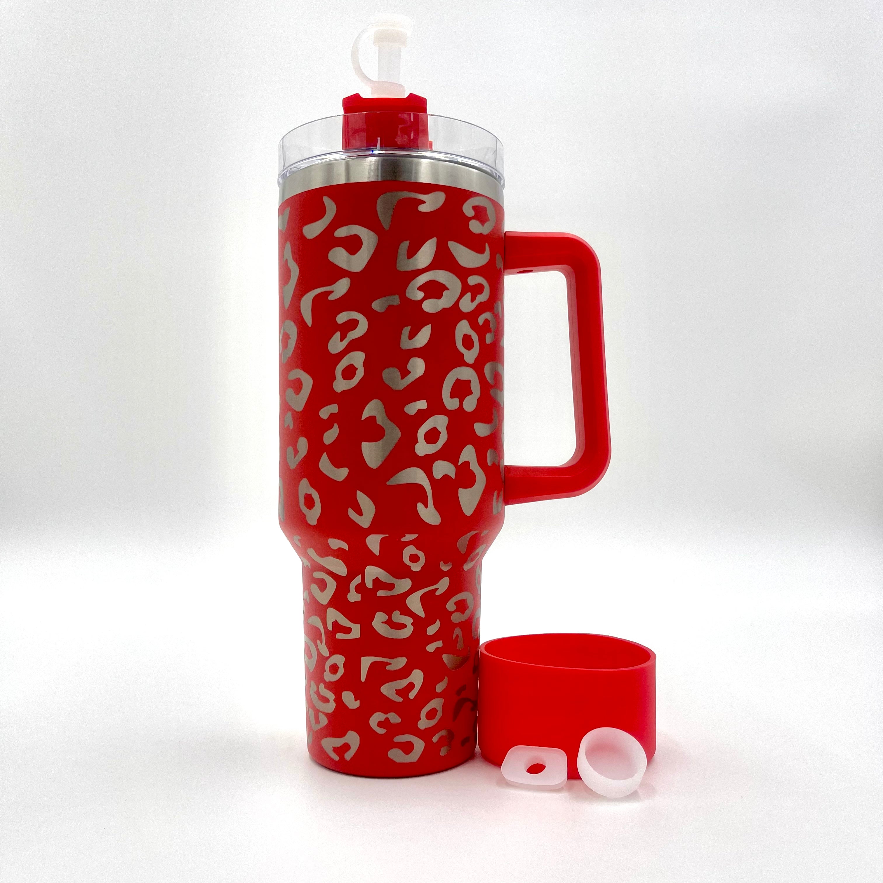 40oz Bundle Cheetah Leopard Laser Etched Stainless Tumbler with Rubber Bumper Straw cover and Spill Proof Stopper