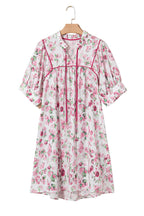 Pink Floral Split Neck Short Sleeve Loose Plus Size Mini Dress